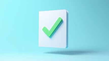 3D Render of a Light Green Checkmark on a White Document Floating Against a Pastel Blue Background