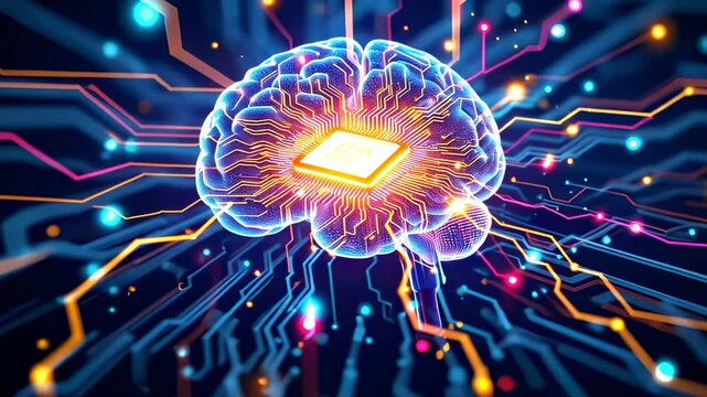 A glowing brain chip connected to futuristic circuits in a vibrant technological design