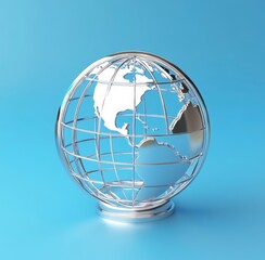Silver Metal Globe on Blue Background, 3D Render