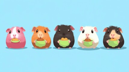 Fototapeta premium Five Smiling Guinea Pigs Enjoying Snacks in Bowls on Light Blue Background
