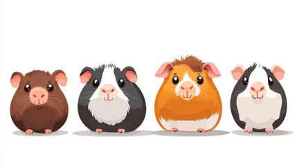 Fototapeta premium Four Smiling Guinea Pigs in a Row, Cute Cartoon Animals, White Background, Copy Space