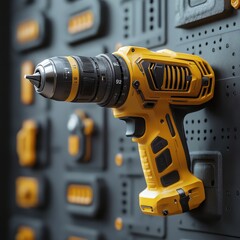A close-up of a yellow cordless drill mounted on a textured black wall, showcasing its sleek design and functionality.
