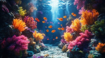 Fototapeta premium Vibrant coral reef, colorful fish, sunlit ocean.