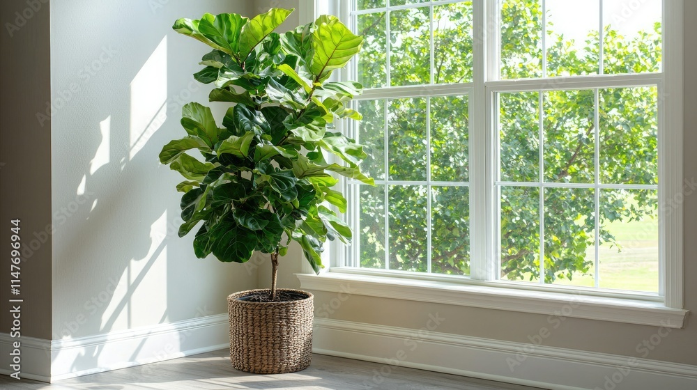Poster tall fiddle leaf fig in a corner near a large window with natural light