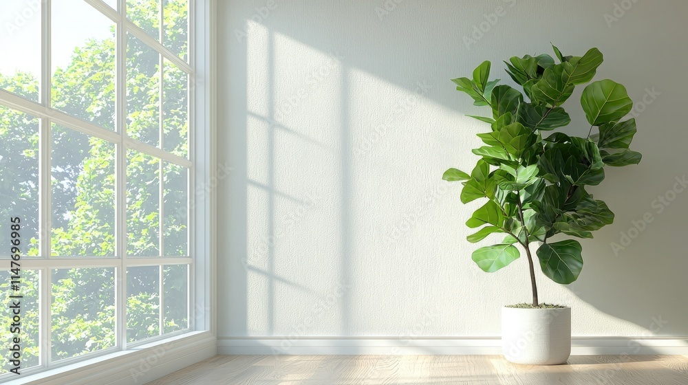 Poster tall fiddle leaf fig in a corner near a large window with natural light
