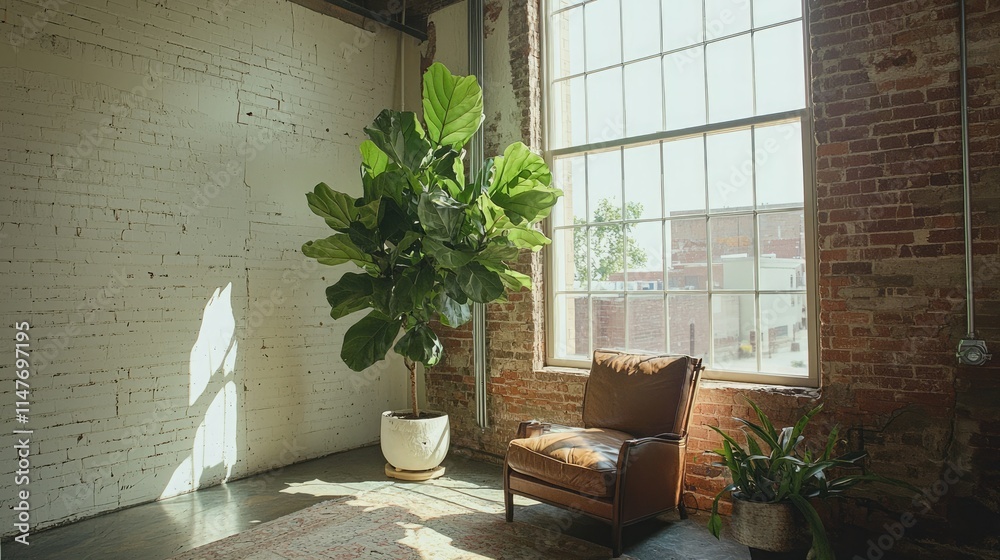 Poster tall fiddle leaf fig in a corner near a large window with natural light