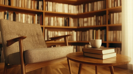 cozy office corner featuring comfortable chair, wooden table, and stacked books, perfect for reading and relaxation. warm lighting enhances inviting atmosphere