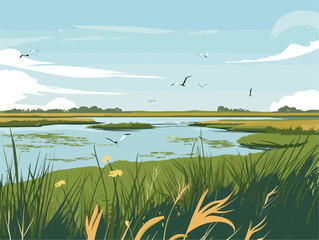 Vector Illustration of a Salt Marsh Coastal Wetland Landscape by Animated Illustrations