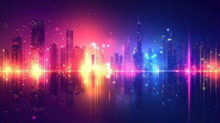 Neon Cityscape Reflecting In Calm Water At Night