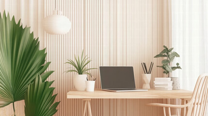 Fototapeta premium serene office corner featuring wooden desk, laptop, and various plants. soft lighting and natural textures create calming workspace atmosphere