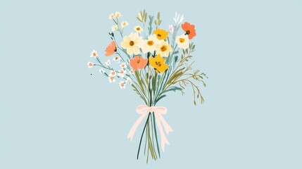 Naklejka premium Pastel Wildflower Bouquet Tied with Pink Ribbon on Light Blue Background