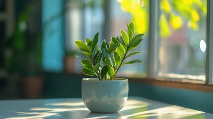 Zamioculcas plant with a clean aesthetic, placed on a bright, modern tabletop 