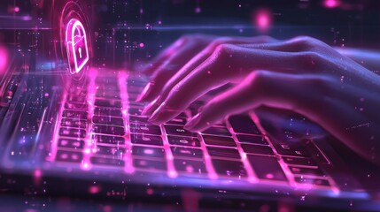 Digital Security Concept - Hand Typing on Futuristic Keyboard with Holographic Notifications and Glowing Padlock Icon Background
