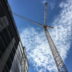 Naklejka premium Crane and unfinished building under blue sky