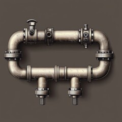Industrial metallic pipes with valves and joints on a neutral background, showcasing a robust design.