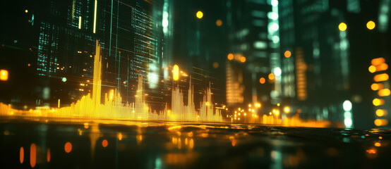 Visual representation of soundwaves emerging in a bustling futuristic city at night. Bright orange and yellow hues contrast with sleek, dark skyscrapers, creating a dynamic atmosphere.