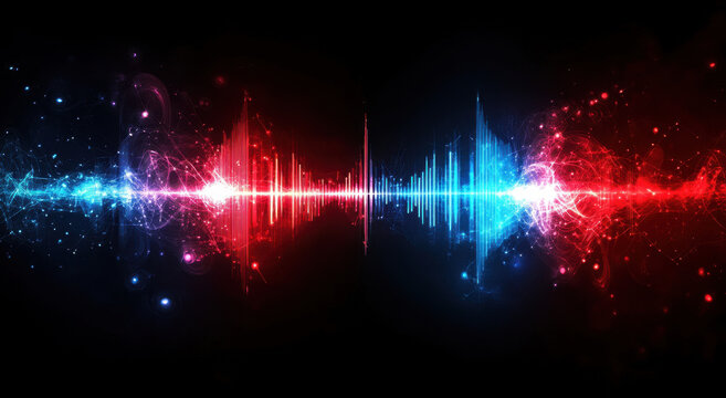 Colorful sound waves in red and blue radiate from the center, creating a striking visual effect. The background is dark, enhancing the vibrancy of the waveforms and sparkles.