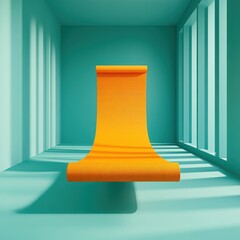 Obraz premium A vibrant orange yoga mat laid out in a serene teal space, illuminated by soft shadows and light patterns.