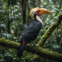 Obraz premium A hornbill perched on a mossy branch in a tropical rainforest.