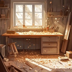A serene woodworking workshop filled with sunlight and shavings, highlighting the craftsmanship and creative process.