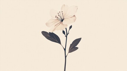Single pale flower with dark leaves on a beige background.