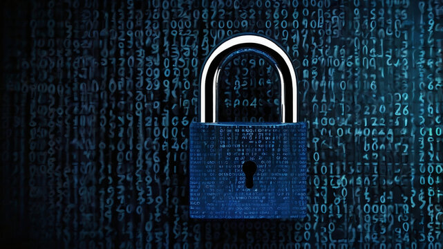 Conceptual image of a digital padlock over binary codes on screen. Symbol of cybersecurity and data protection with dramatic blue tones in a high-tech setting.

