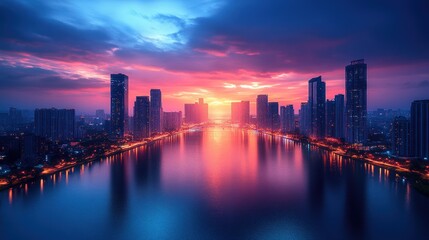 Obraz premium City skyline reflected in twilight river.