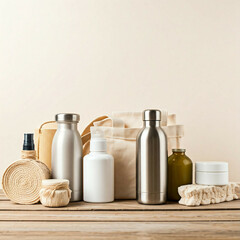 zero waste eco friendly natural sustainable products on wooden table background  -  zero waste kit with reusable bottles and totes for sustainable lifestyle