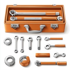 An orange toolbox filled with various silver and orange hand tools, including wrenches and sockets.