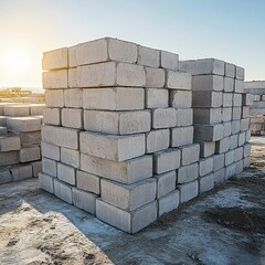 Obraz premium Stacks of gray concrete blocks silhouetted against the sunset, showcasing a construction site in warm golden hues.