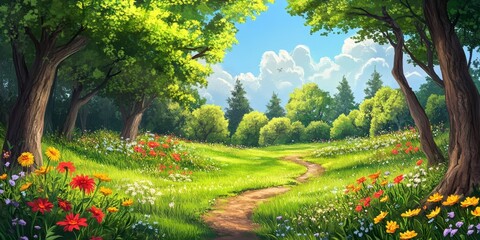 Vibrant spring landscape showcasing lush greenery and blooming flora, perfect for illustrating the beauty of spring landscapes and nature s awakening in spring landscapes.
