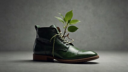 small green tree plant sprout growing from a green shoes with grey background