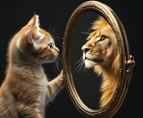 A kitten stares into a vintage mirror, its lion reflection representing transformation, confidence, and hidden majesty.