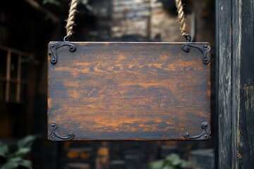 Dark brown wooden hanging sign with metal corners. Perfect for rustic, vintage, or antique designs needing a blank message space.