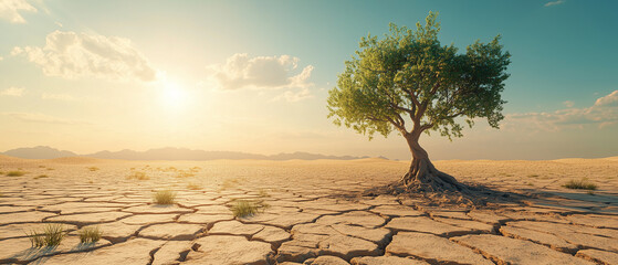 Lone Tree in Desert Landscape.