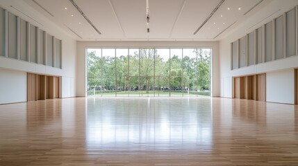 Fototapeta premium Spacious, bright hall with large windows overlooking a lush green garden.