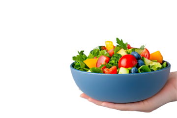 "Fresh Vegetable and Fruit Salad in a Blue Bowl Held by Hand Representing Healthy Eating and Nutrition"

