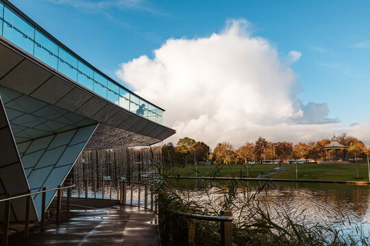 Waterfall water feature at end of The Riverbank Precinct Bridge on the Torrens River