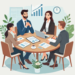 Obraz premium partners meeting for business discussion with documents and laptop on desk.couple at round table ,speaking ,discussing work,partnership.flat vector illustration isolated on a white background