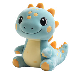 Light blue plush dinosaur toy with expressive eyes, transparent PNG for advertising toys or...