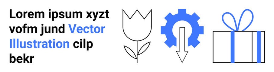 Flower, gear with arrow, and gift box next to placeholder text. Ideal for business presentations, user interfaces, educational materials, promotional content, website designs, infographics social