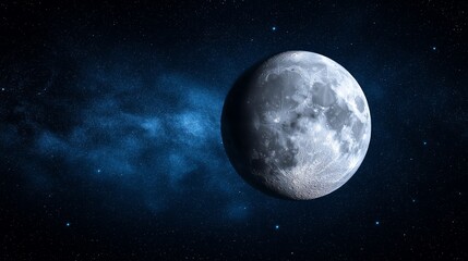 A breathtaking view of a full moon set against a deep blue cosmic background, showcasing the moon's craters and textures under a starry sky.
