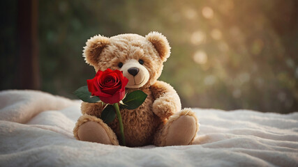 Heartwarming photo of a fluffy teddy bear offering a red rose. Cozy atmosphere with bokeh lights. Perfect for Valentine&rsquo;s gifts or love promotions