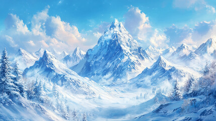 Fototapeta premium peak evening mist landscape natural view of mountain, A realistic painting showcasing a majestic mountain view, Outdoor landscapes with mountain textures with glowing snow. 