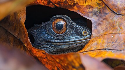 Close-up of an Indonesian forest dragon peering through a leaf hole 