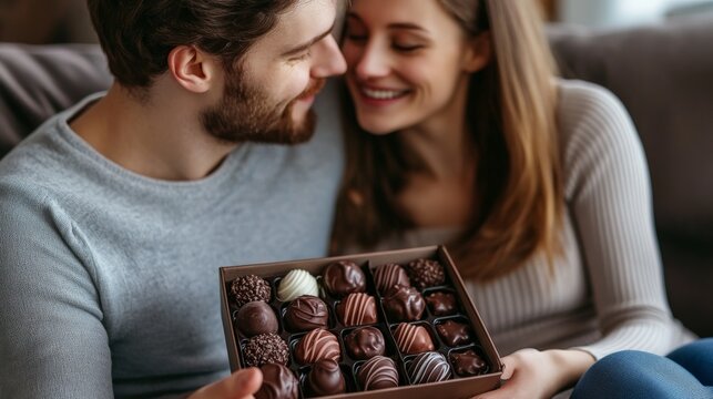 Young caucasian couple enjoying a box of assorted chocolates together