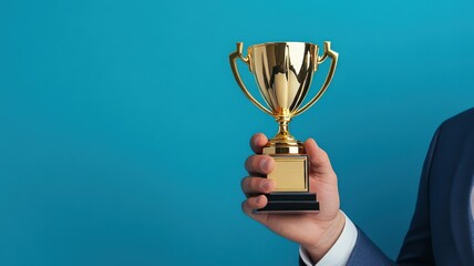 Hand holding a gold trophy against a blue backdrop.