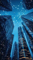 Skyscrapers Connected by Network at Night