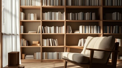 Minimalist modern home library with clean, functional design. Featuring neutral tones and sleek shelving
