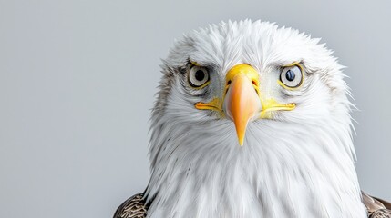 Obraz premium Close-up portrait of a bald eagle, intense gaze, white head and feathers, yellow beak.